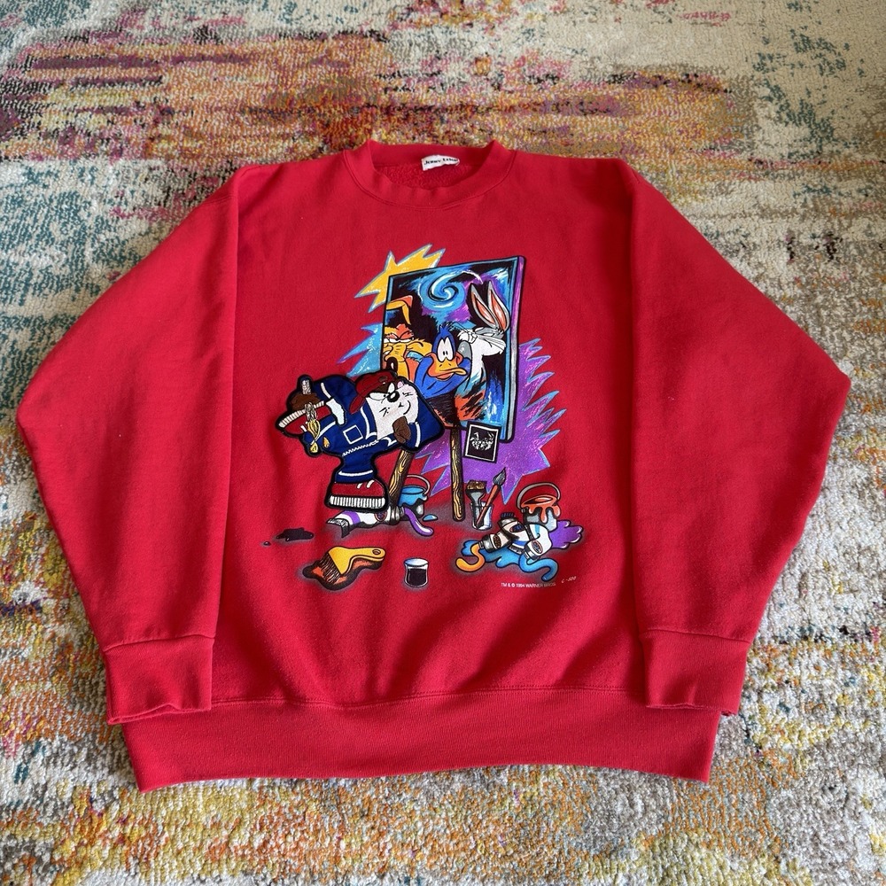 Vintage 1994 Looney Tunes Embroidery Art Red Crewneck XL Taz Bugs Daffy